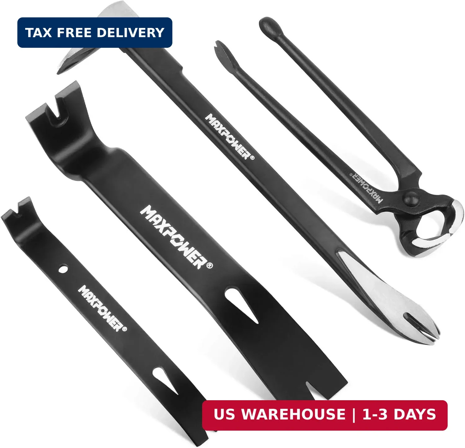 MAXPOWER 4-Pieces Pry Bar Set, 12-inch Utility Claw Pry Bar, 8-inch Nail Puller,