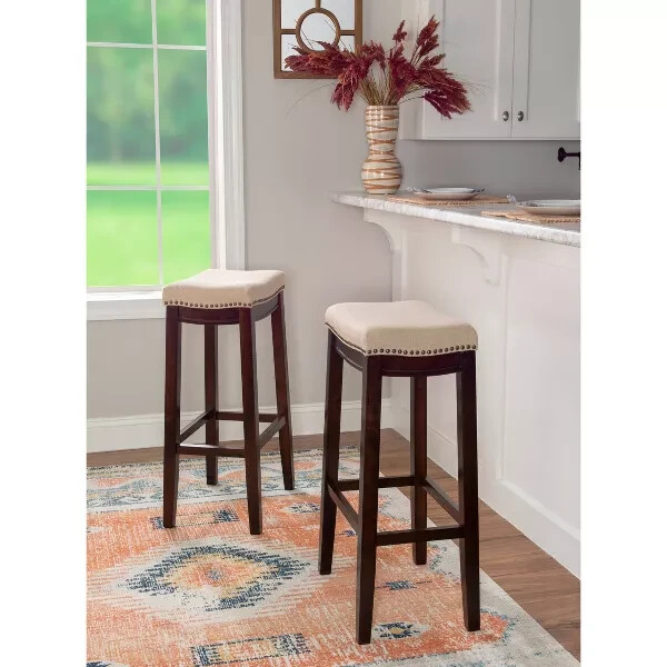 Set of 2 Claridge Backless Nailhead Saddle Barstool Linen- Linon Fixed Height 32