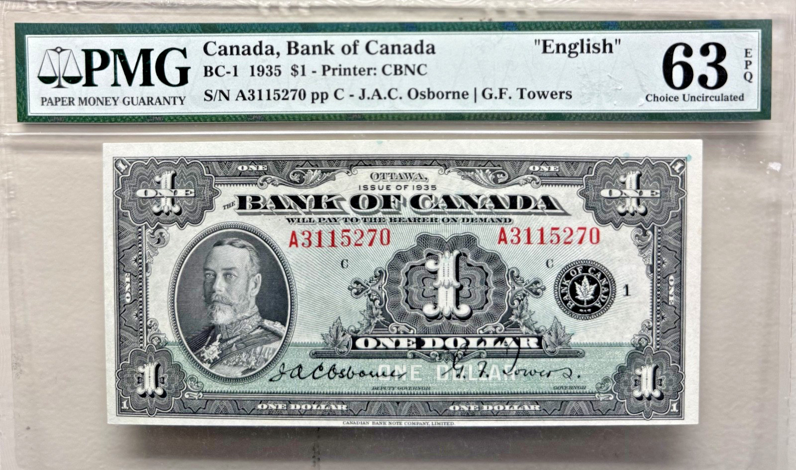 1935 Bank of Canada $1 English Note PMG 63EPQ
