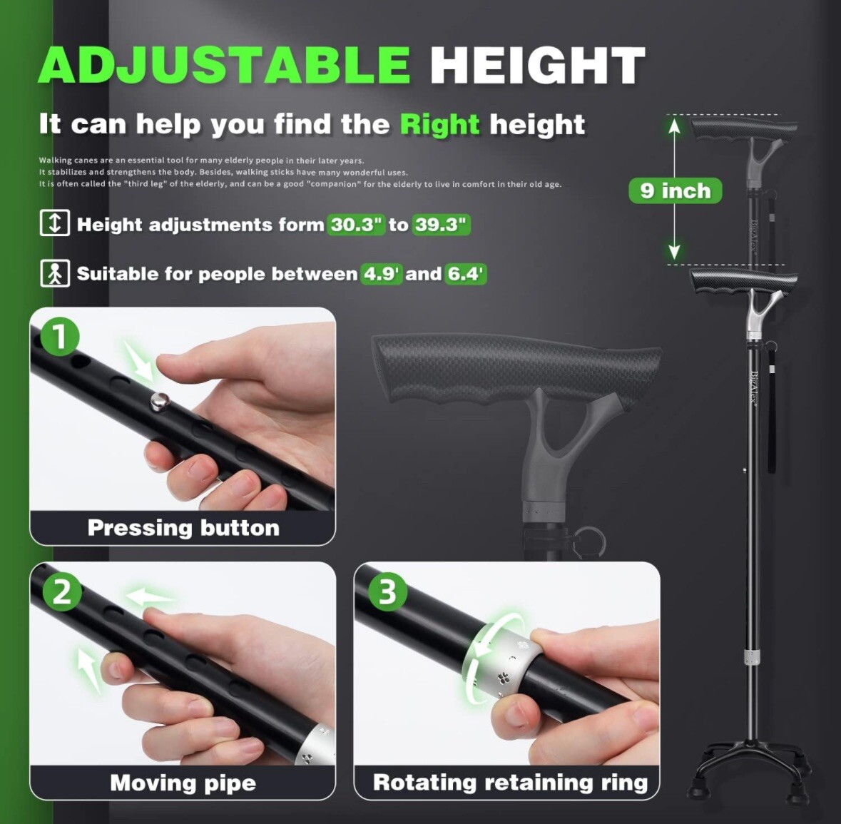BigAlex Quad Cane Adjustable Lightweight Walking Cane Flexible-LED Handle