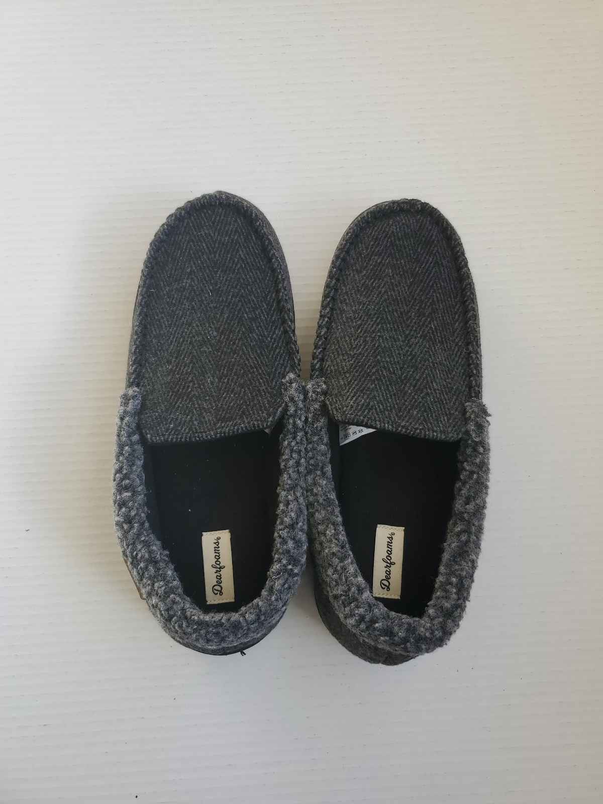Dearfoams Men's Gray Herringbone Memory Foam Moccasins Sz 11-12
