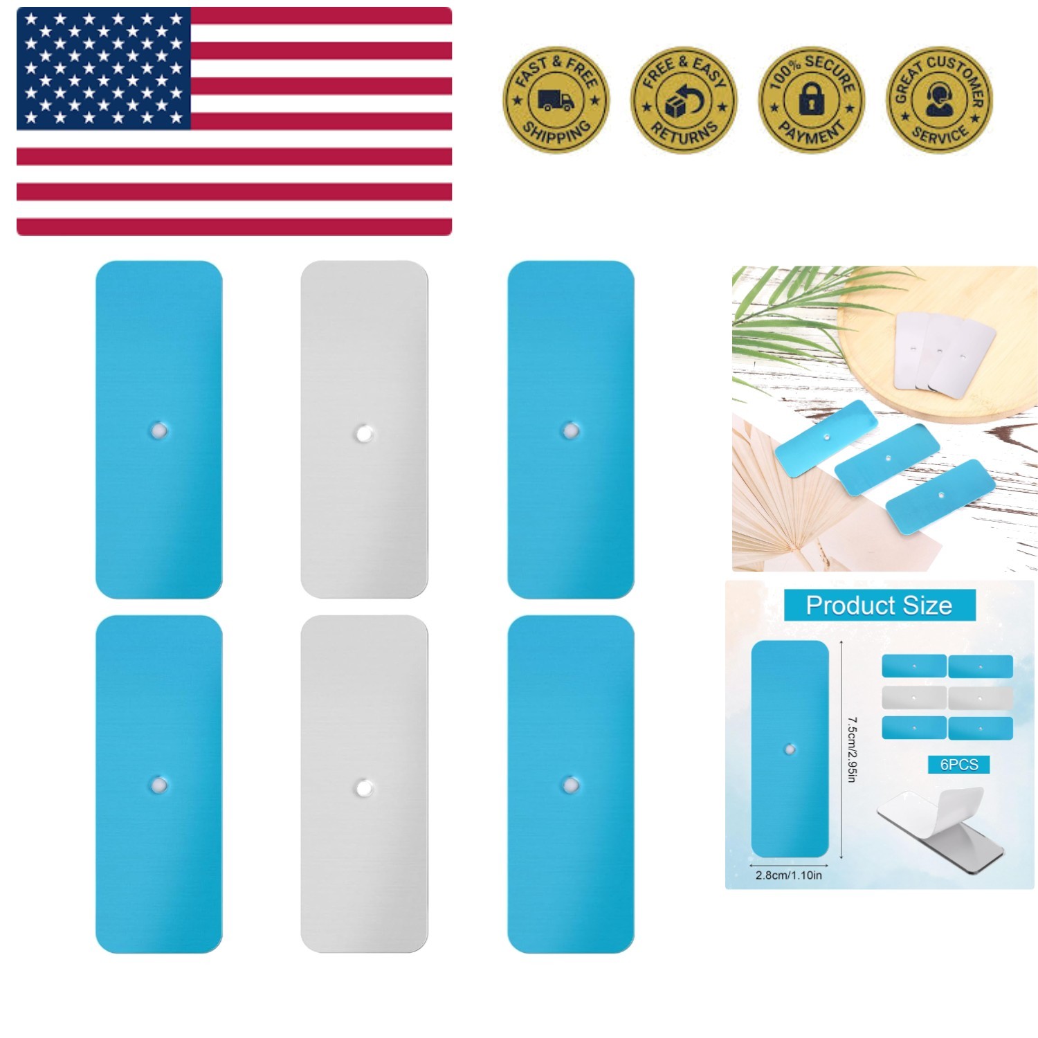 6pcs Metal Adhesive Strips for Magnetic Under Cabinet Lights, Replacement Met...