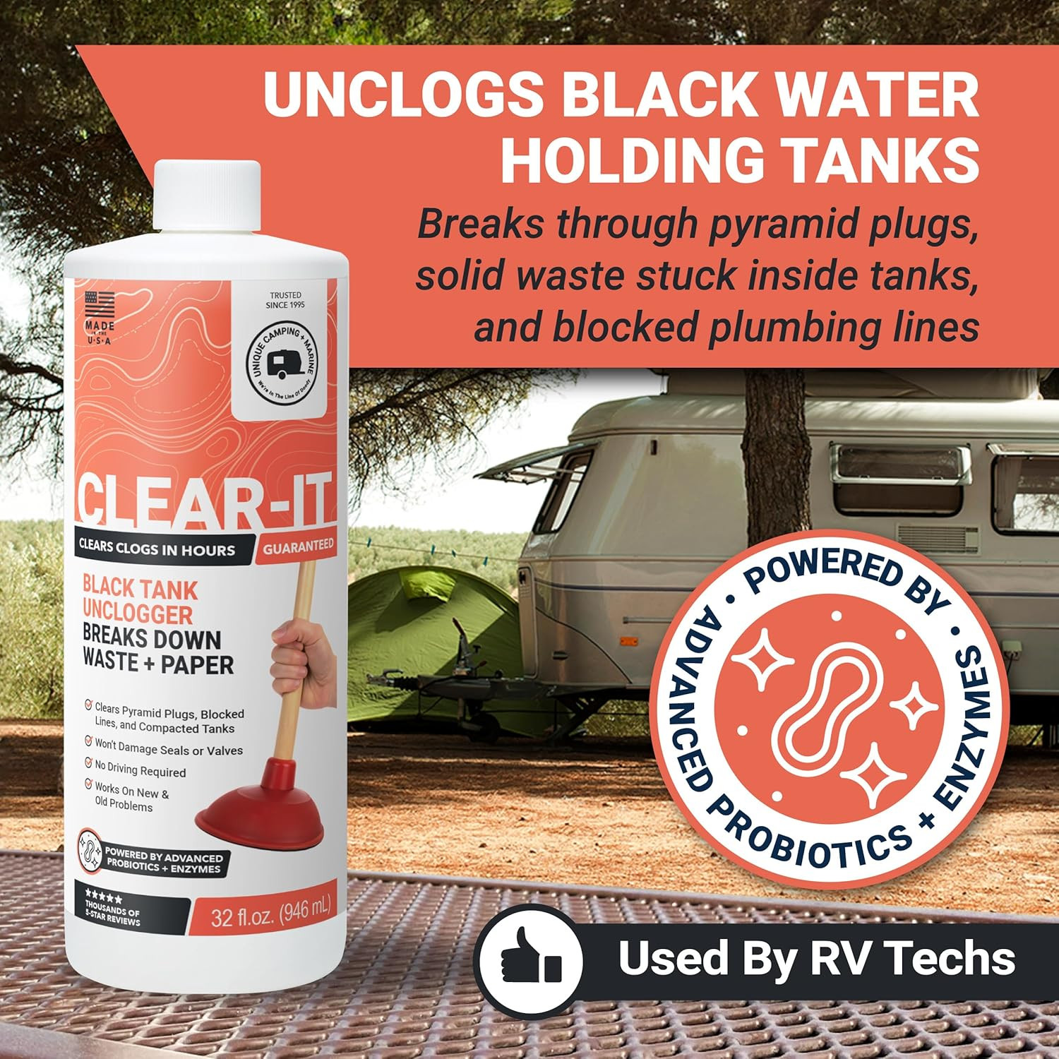 Clear-It RV Black Tank Unclogger Liquid - Breaks through Pyramid Plugs, Compacte