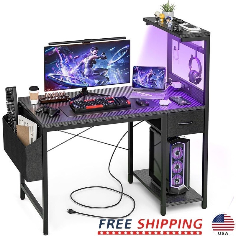 Gaming Desk W/ Shelves Drawer USB Outlet LED Strip Hooks Carbon Fiber Finish