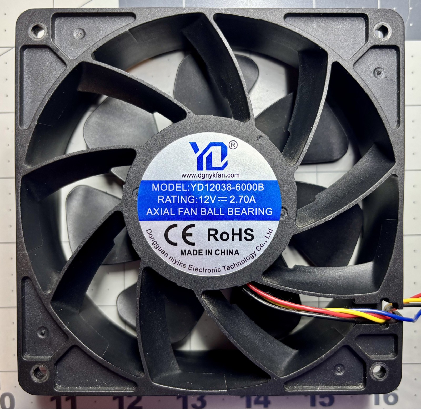 YD12038-6000B 12V 2.7A 12038 Cooling Fan, 120X120X38MM 4-Wire Mining Machine Fan