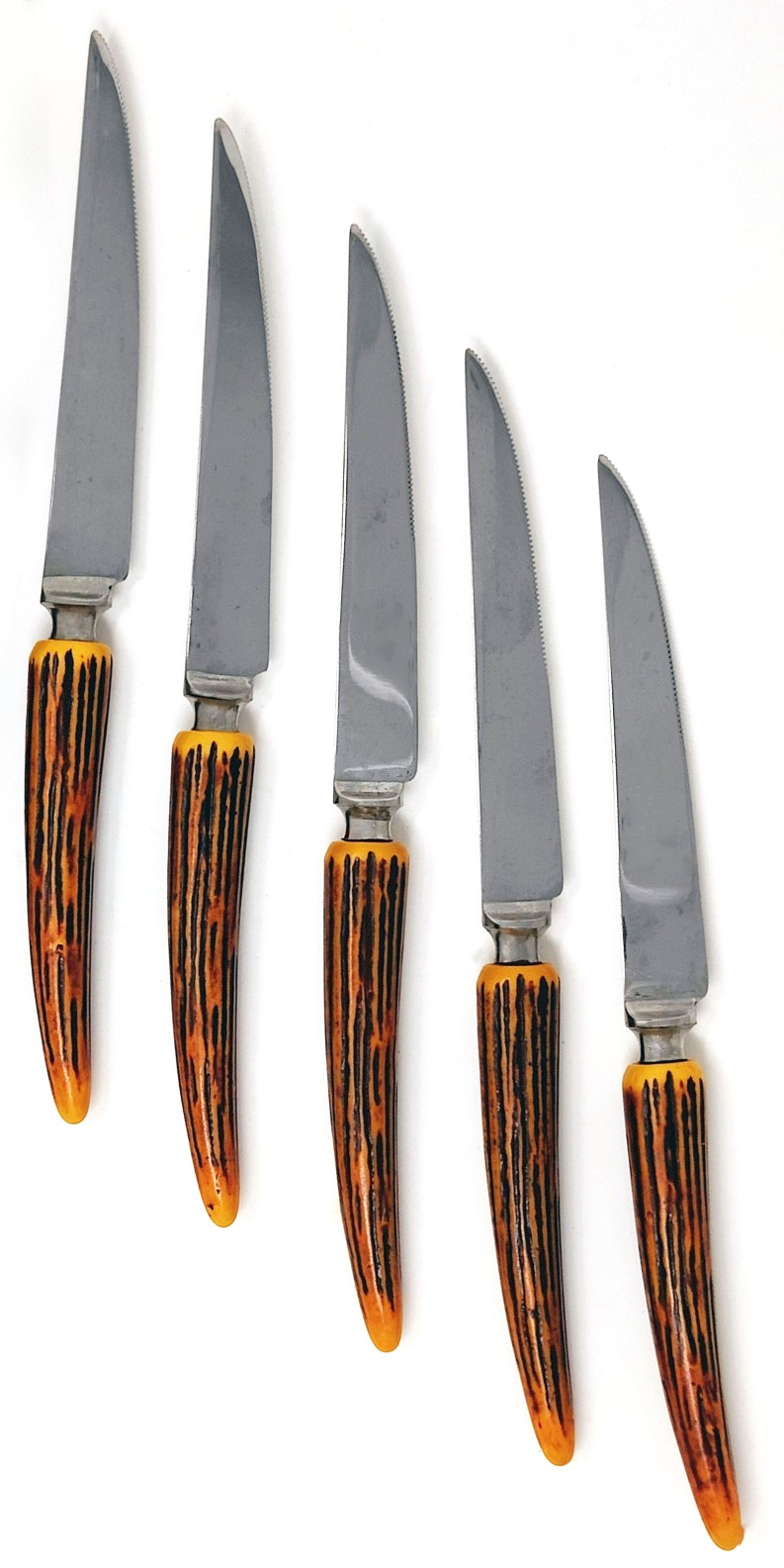 Crown Crest Sheffield England Stainless Steel Faux Stag Horn Knives Set of 5
