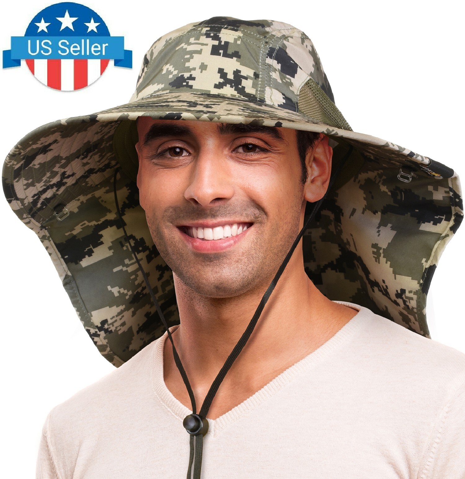 Sun Hat for Men UV Sun Protection Wide Brim Safari Hiking Cap w/Neck Flap Cover