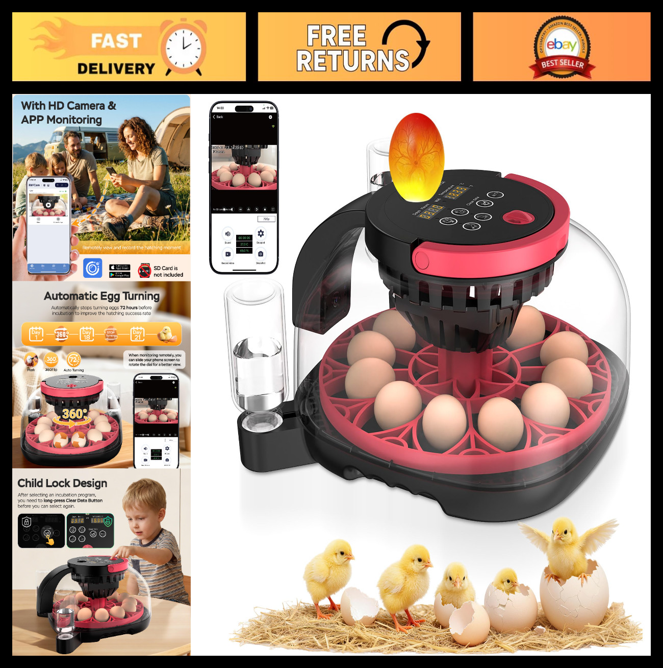 12 Egg Automatic Incubator with APP Control, Video Record, Temp & Humidity Contr