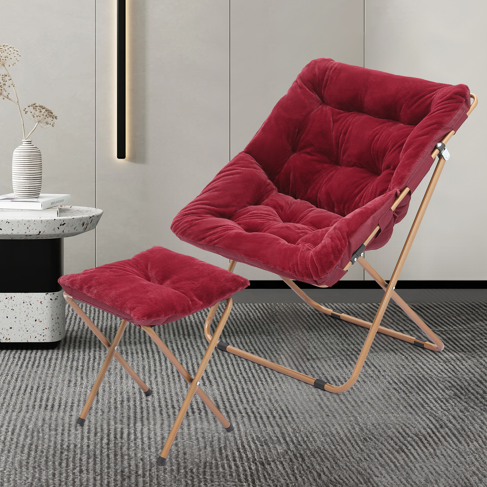 Red 2 Pcs Folding Faux Fur Saucer Cozy Chair Oversized Upholstery Seat w/Ottoman