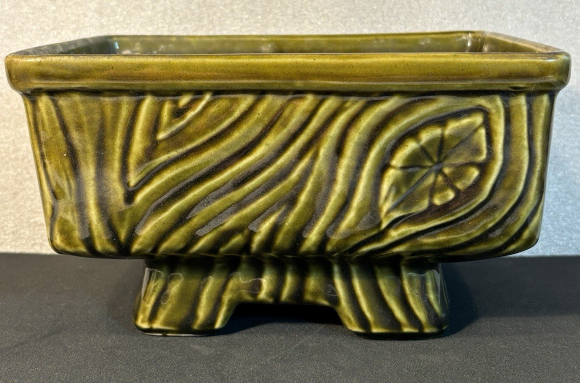 Vintage Avacado Green Ceramic Pedestal Wood Design Planter Mid Century Modern