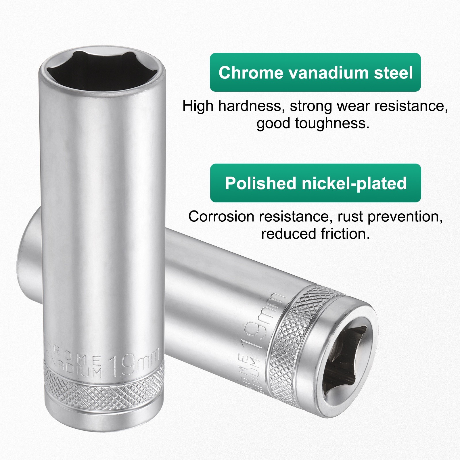 2pcs 6 Points Deep Socket 1/2" Drive 19mm Nickel Plating Hex Socket 3.1" Long