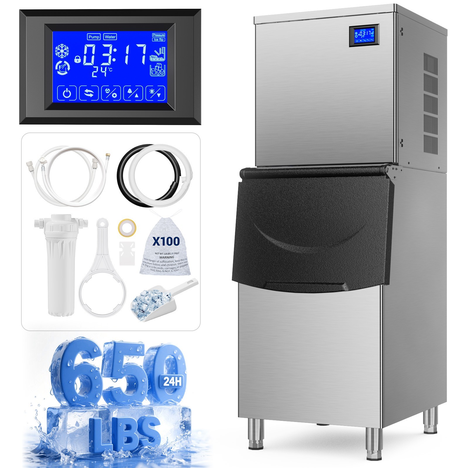 Xutumm 650Lbs/24h Commercial Ice Maker Machine 450Lbs Industrial Ice Machine
