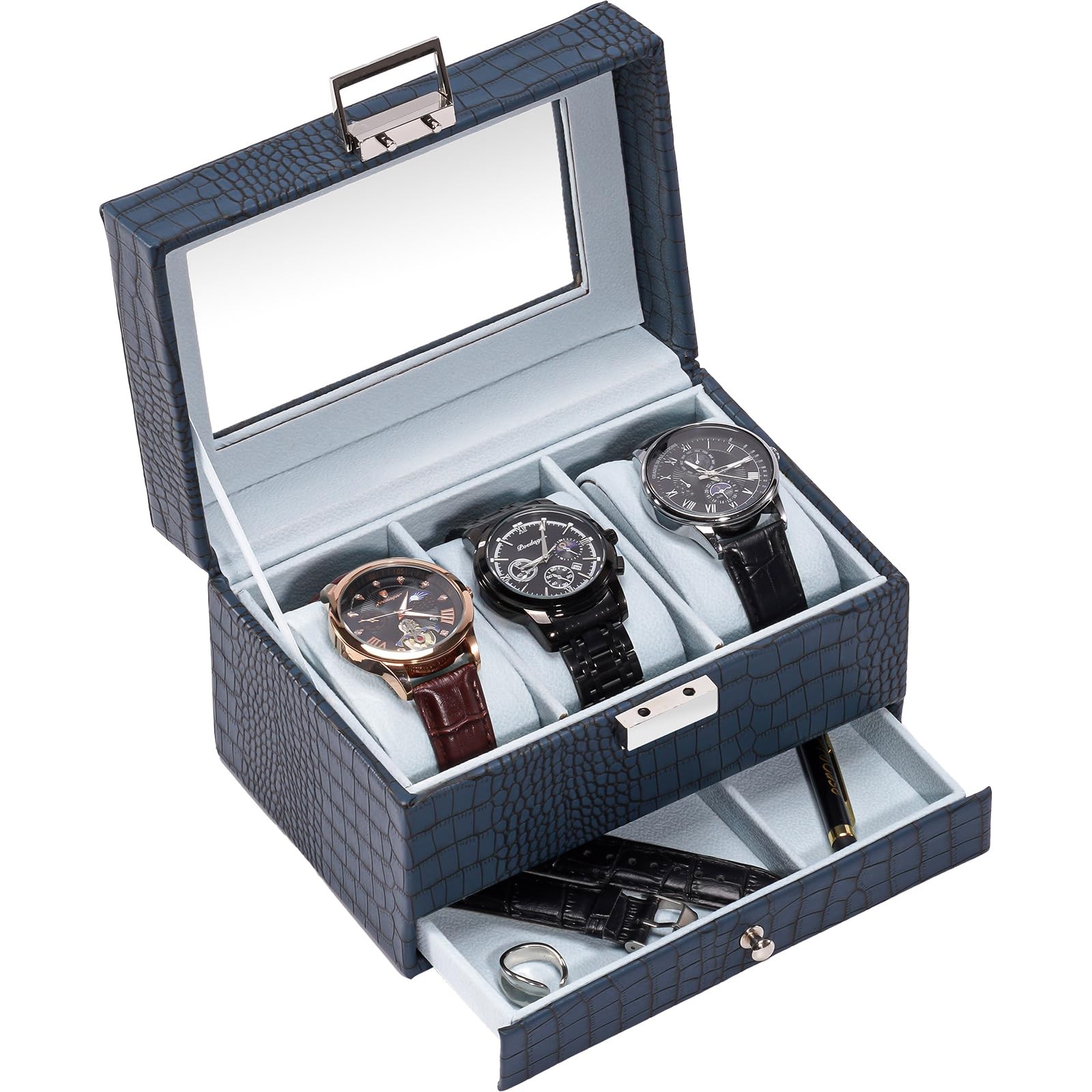 ProCase Watch Box, 3 Slot Watches Display Case with 3-Slot, Croc Cobalt Blue