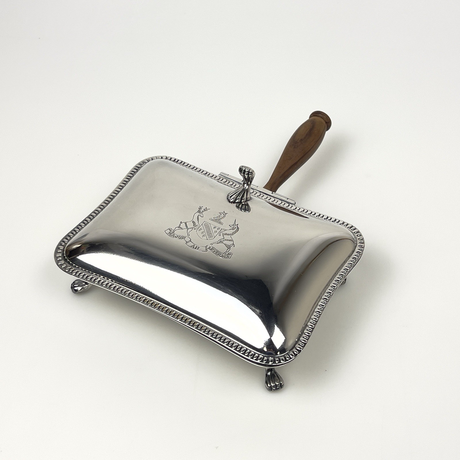 Vintage Italian Silverplate Crumb Catcher Crumber Wood Handle Footed Tray