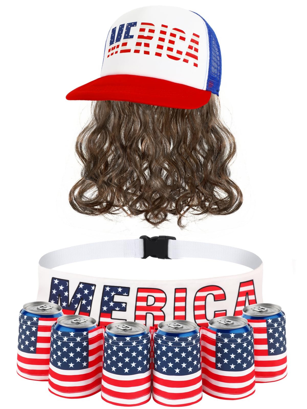 2 Pcs Fourth of July Patriotic Beverage Beer Belt Holder and USA Mullet Hat Brow