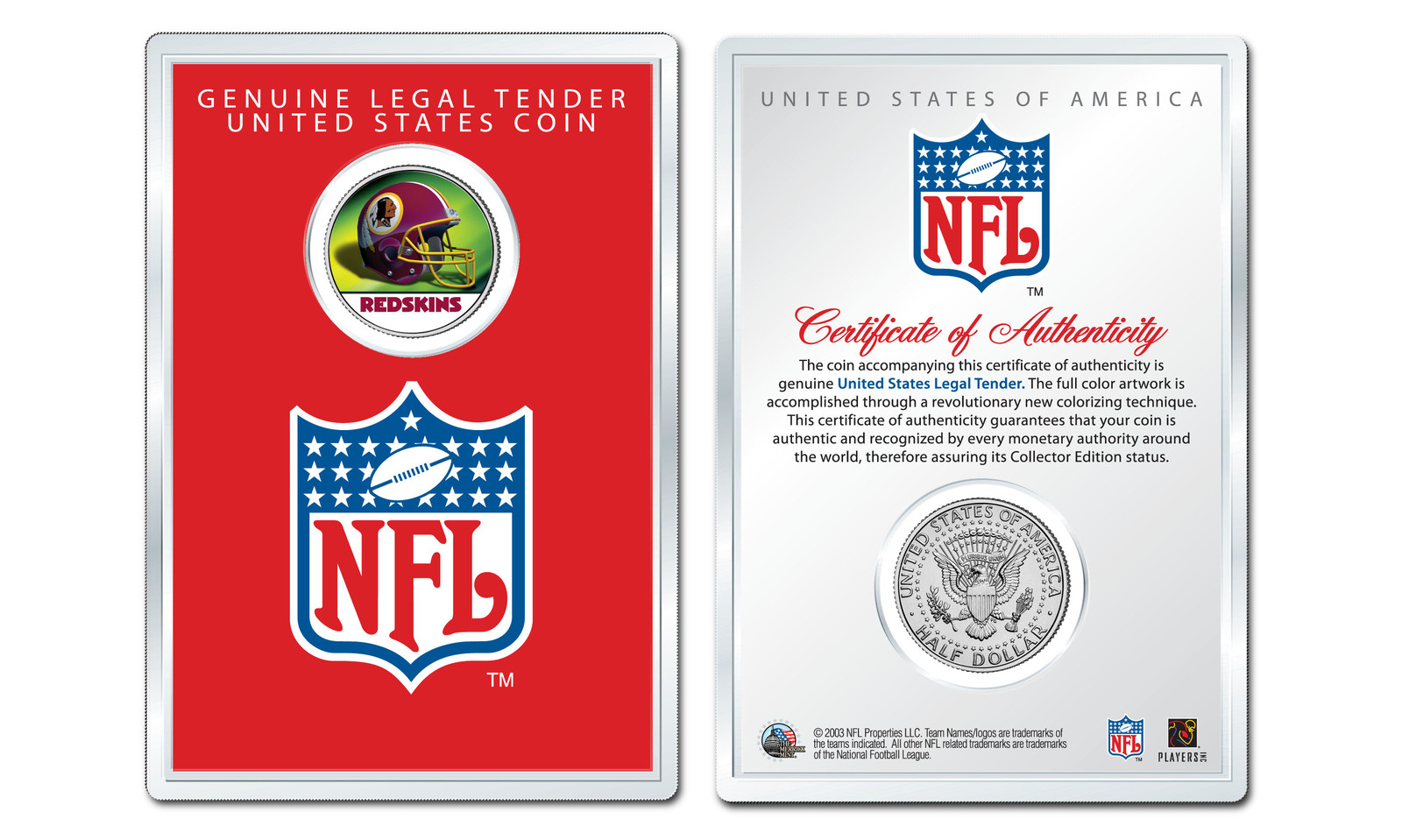 WASHINGTON REDSKINS NFL Helmet JFK Half Dollar Coin w/ 4x6 Display - LICENSED