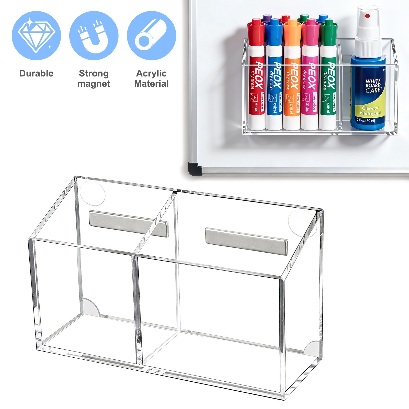 1x Clear Magnetic Plastic Pen Holder 6 Inch Dual Compartment Organizer Anti-Slip