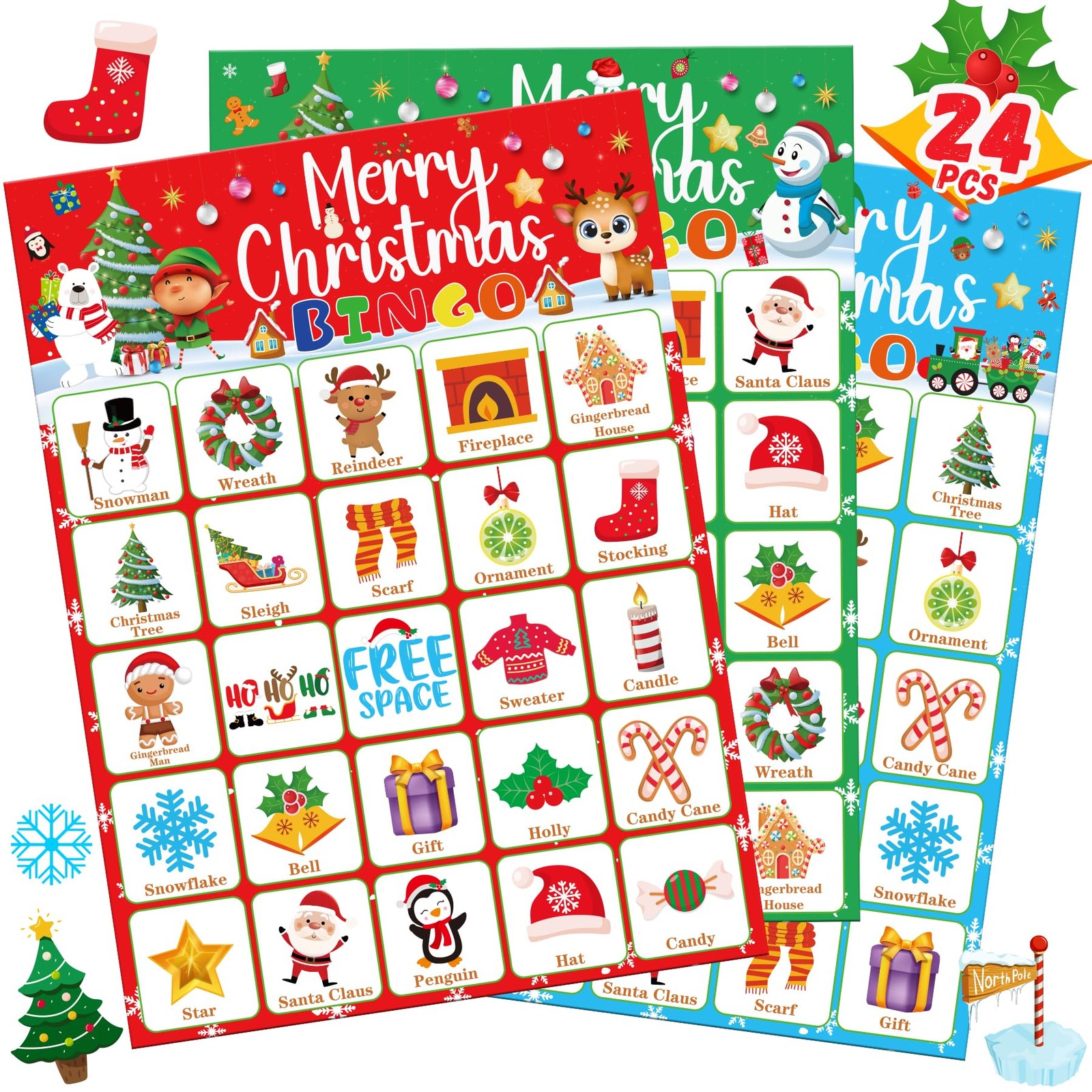 Christmas Bingo Game for Kids Large Group with 24 Xmas Players Cards for Holiday