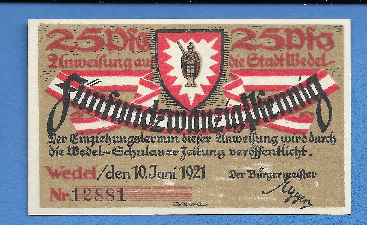 Germany Notgeld Wedel 25 Pfennig 1921 Uncirculated Banknote