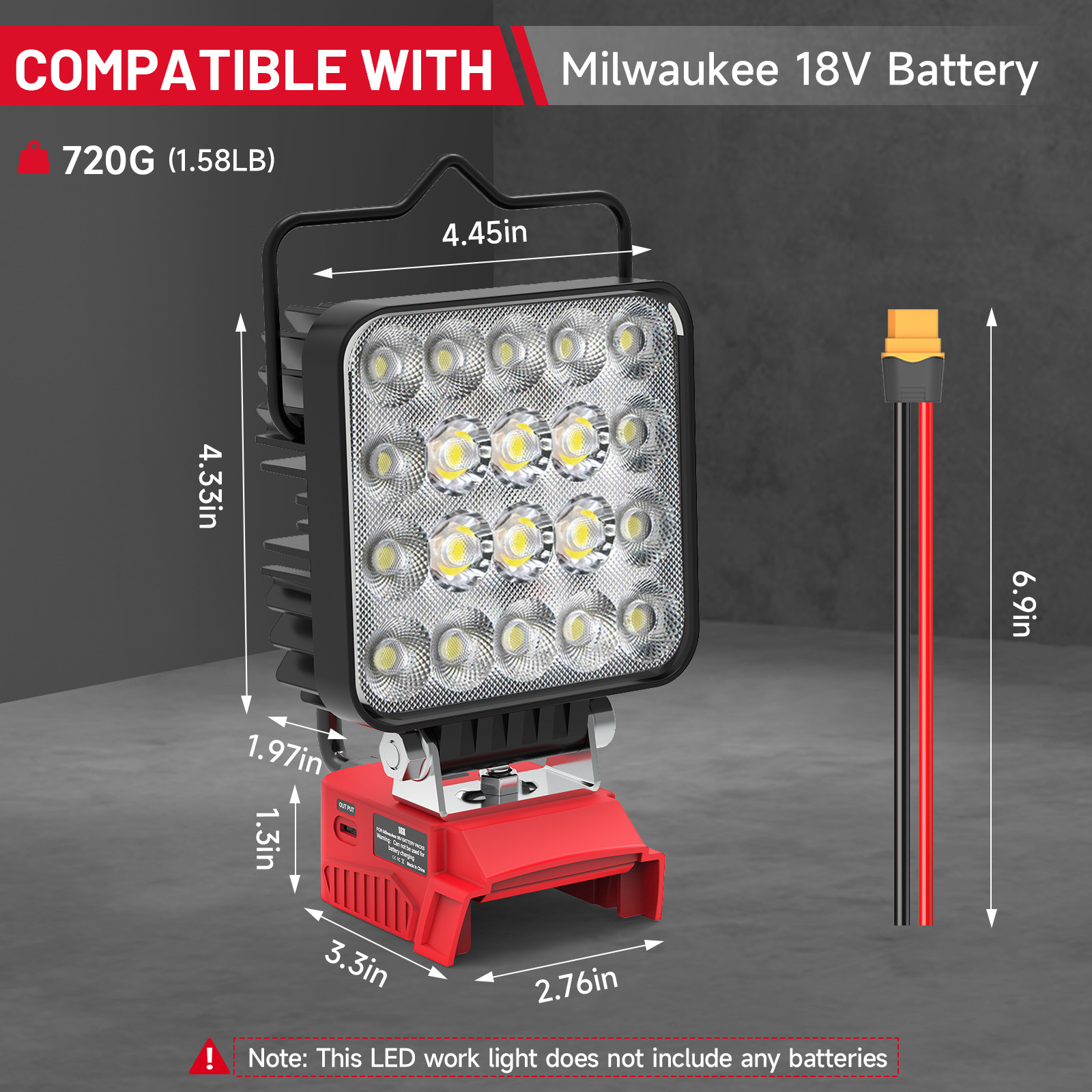 60W LED Work Light Compatible with Milwaukee 18V Battery,6000LM,USB Type-C