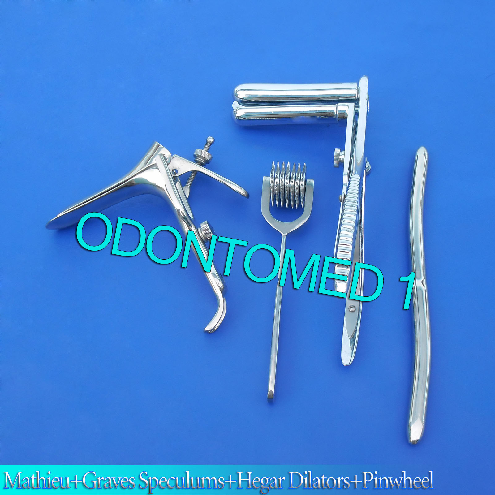 Mathieu Speculum+ Hegar Dilator +7 Prong Pinwheel & Graves Speculums Medium