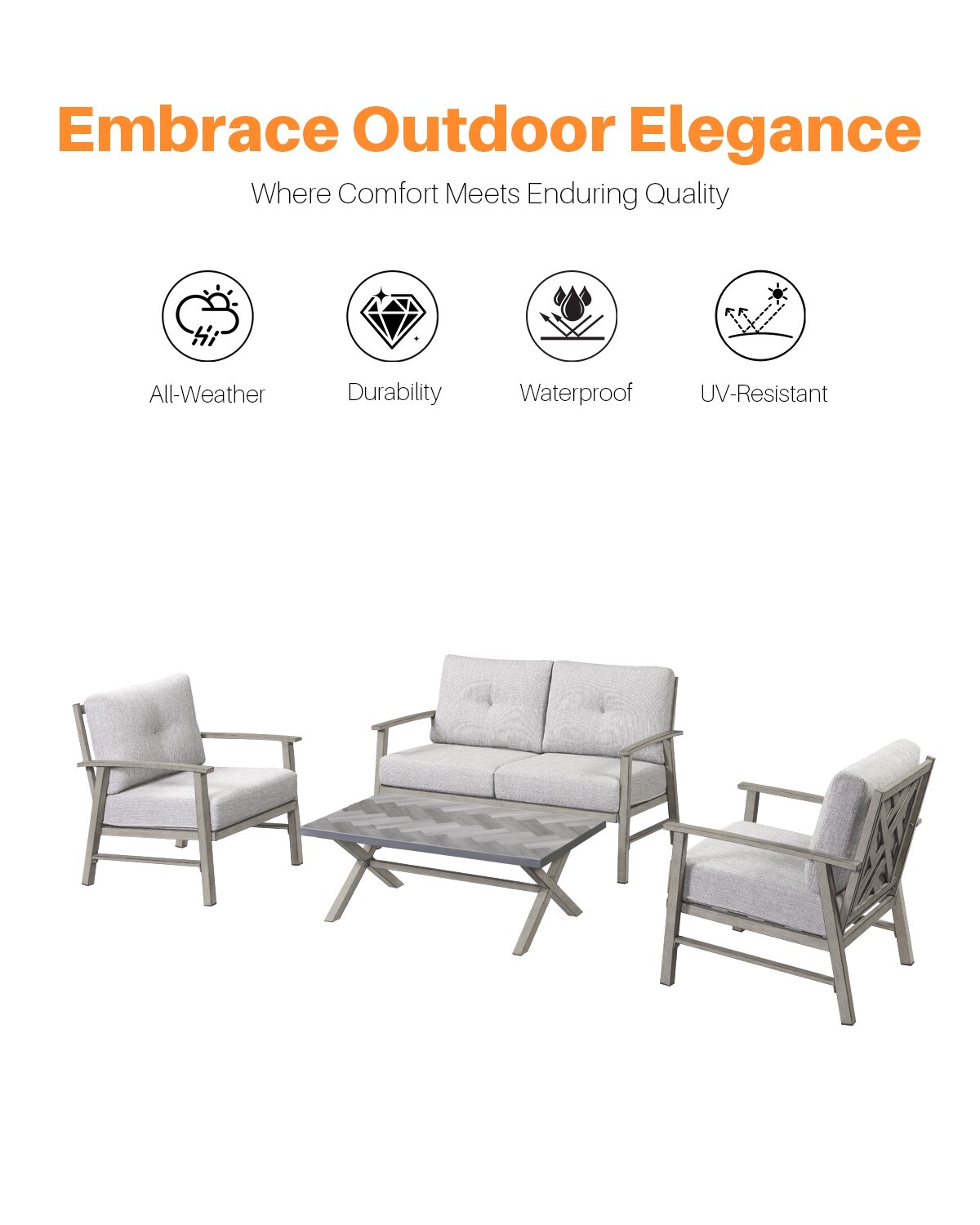 SeeHill 4 Piece Patio Conversation Sets Limed Oak Aluminum Patio Furniture Set