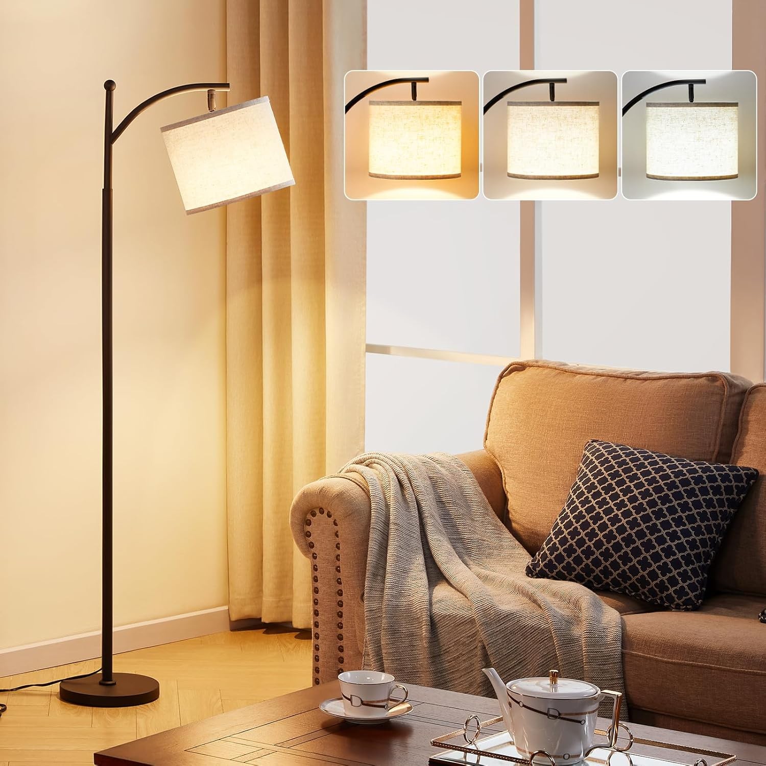 Ambimall 60" Floor Lamps for Living Room with 3 60 inches, Beige & Black