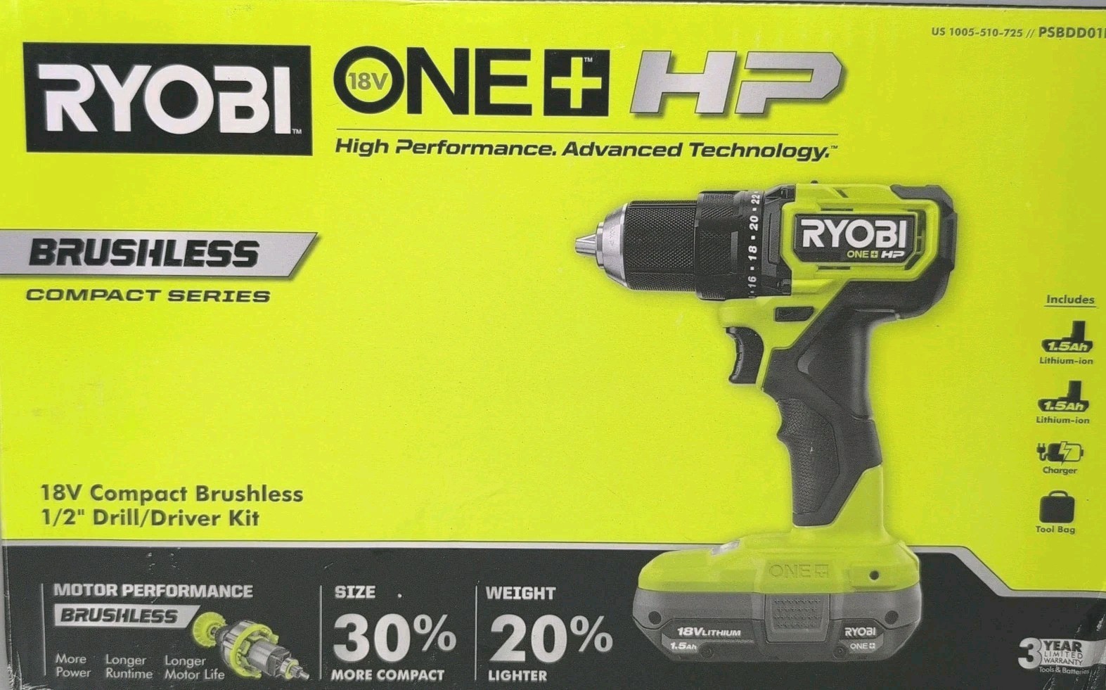 NIB RYOBI ONE+ HP 18V 1/2" Brushless Compact Drill / Driver Kit PSBDD01K NEW
