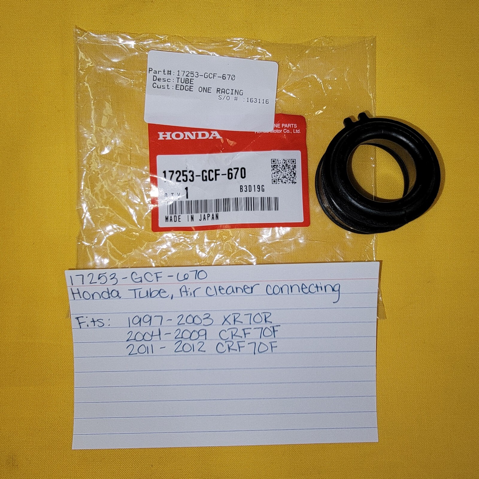 NEW OEM HONDA Air Cleaner Tube (17253-GCF-670) 97-03 XR70R 04-09/11-12 CRF70F