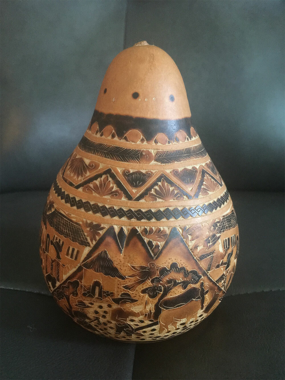 Hand Carved Peruvian Storyteller Shaker Gourd by Evaristo Medina, Peru Folk Art
