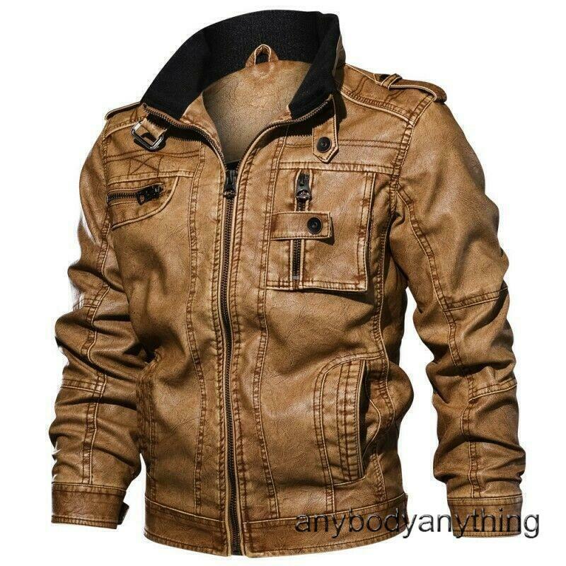 Mens Faux Leather Jacket Motorcycle Biker Coat Outwear Vintage Flight New