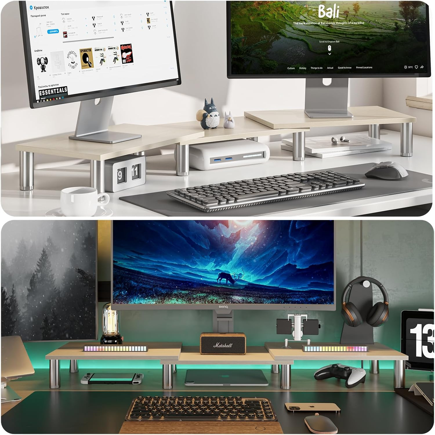 Dual Monitor Riser - Adjustable Length & Angle, Wooden Stand for 2 Monitors with