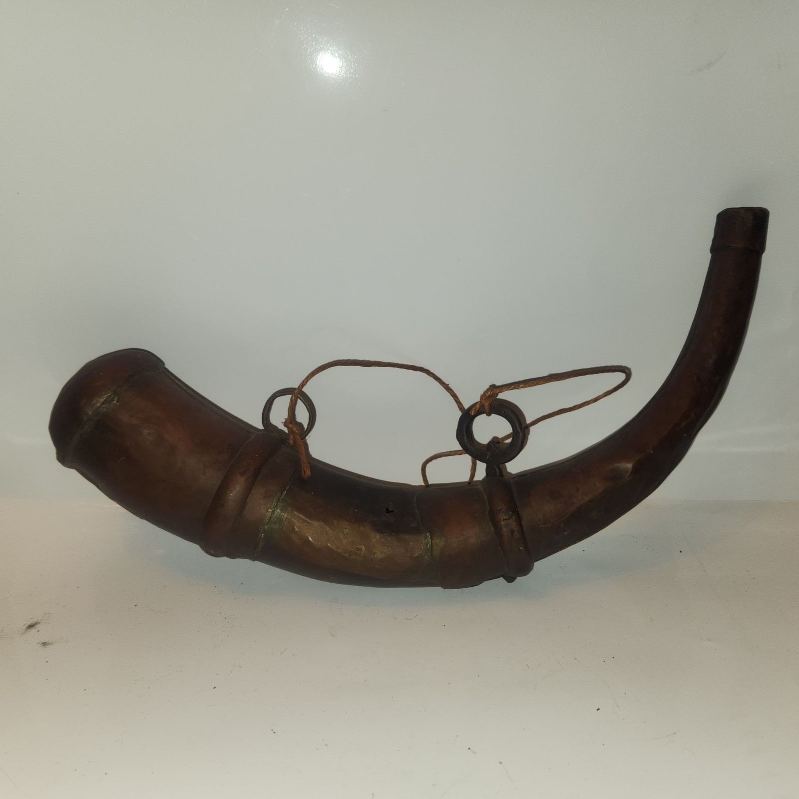 Antique Unusual Black Powder Horn With Copper Wrap Around.