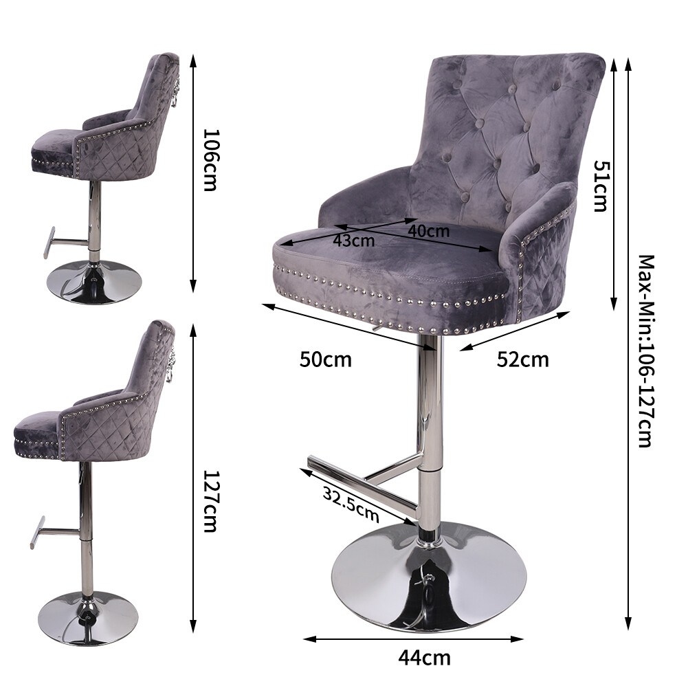 Extra Large Velvet Bar Stool Heavy Duty Adjustable Breakfast Chair w Stable Base