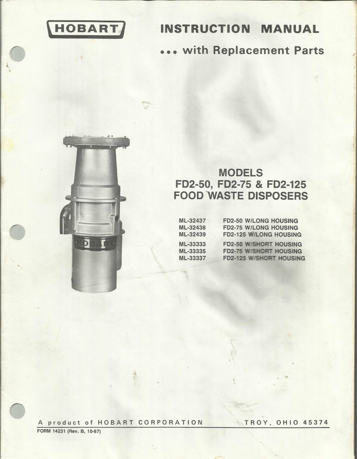 Hobart Models FD2-50 FD2-75 & FD2-125 Food Waste Disposers Instruction Manual