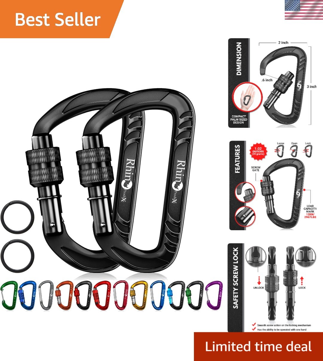 Heavy Duty Carabiner Clips, Locking Black, 3-inch, Aluminum