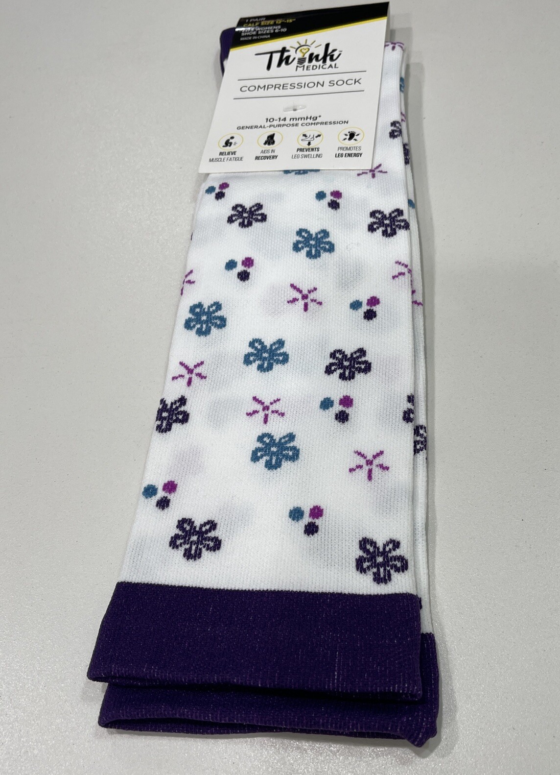 Think Medical- Women's Purple And White Patterned Compression Socks- Size 6-10
