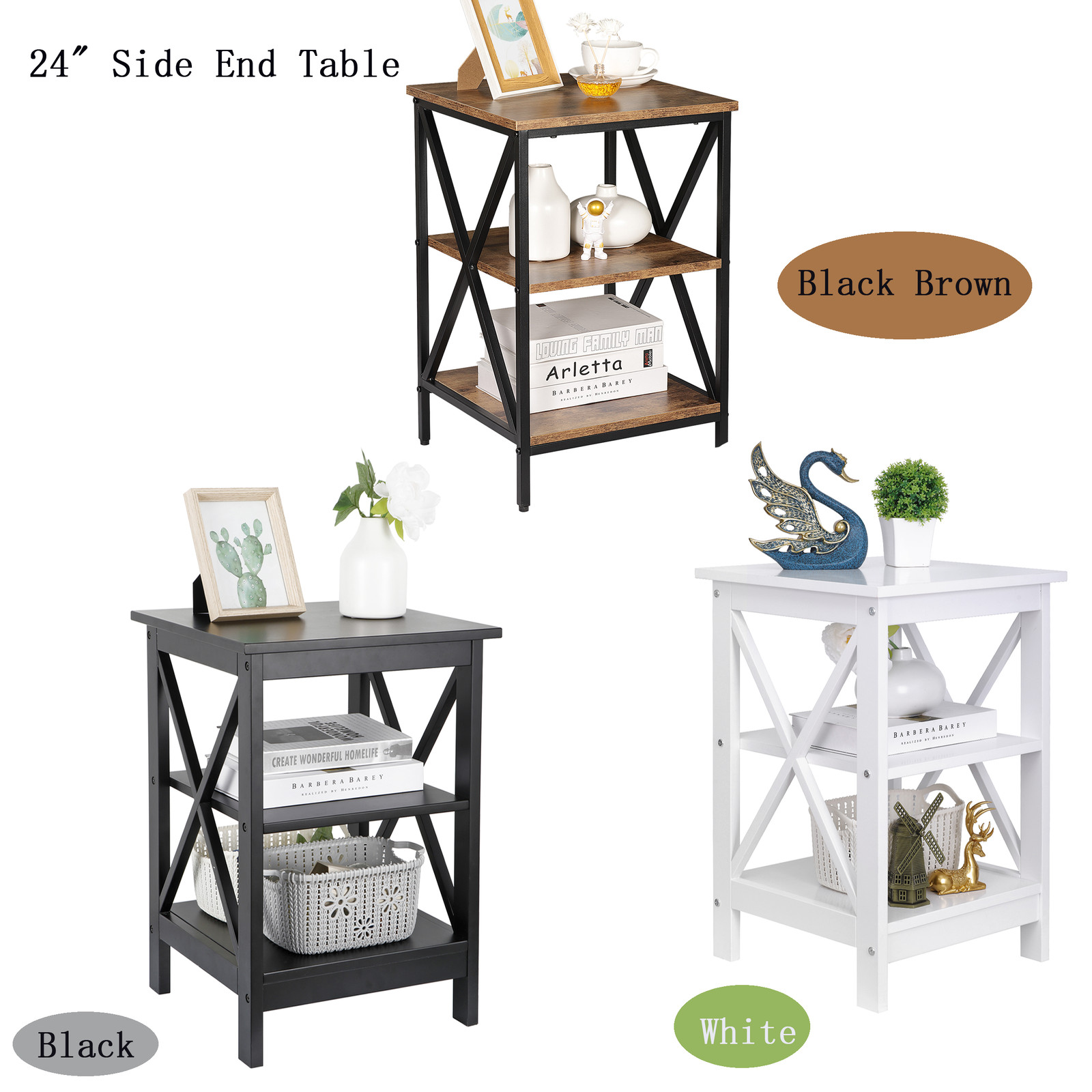 Black/White/Brown 24" Side End Table with Storage Shelf Sofa Table X-Design Leg