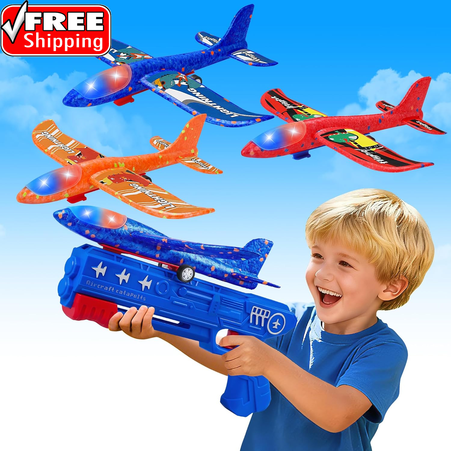 3 Pack Airplane Launcher Toys, 2 Flight Modes LED Foam Glider Catapult Plane, Ou