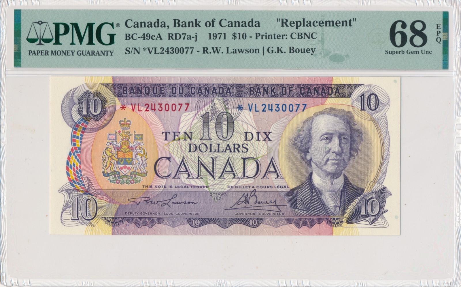Canada Replacement 1971 10 Dollars BC-49cA *VL2430077 - PMG 68 Super Gem UNC EPQ
