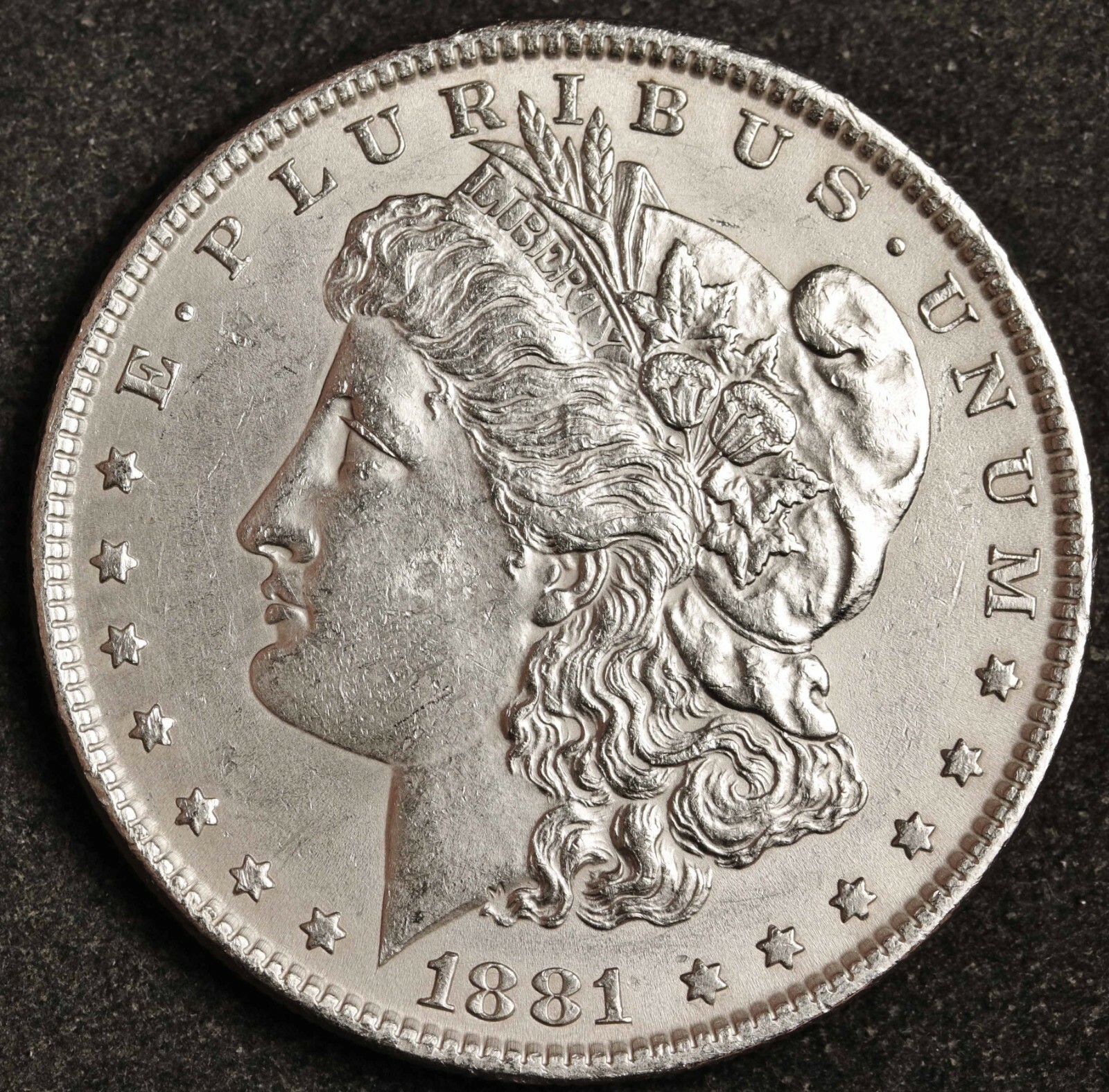 1881 Morgan Silver Dollar.  Full Chest Feathers.  B.U.  Inventory H. 141842