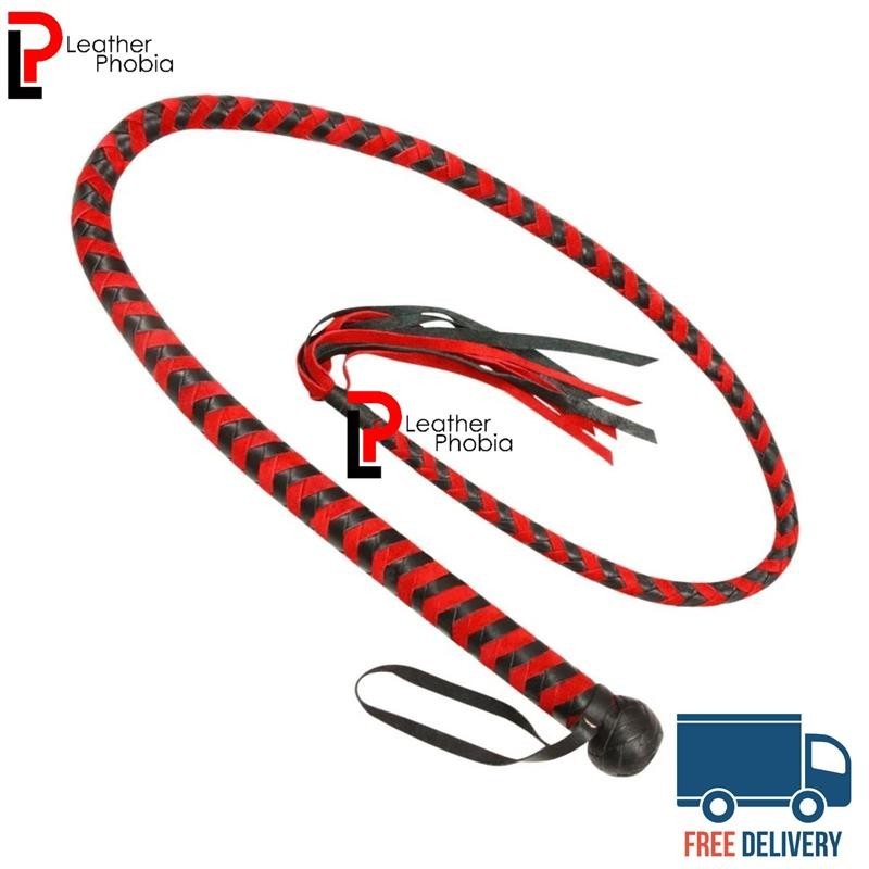 Cowhide Leather Bullwhip 4 Feet Red Black 12 Plait Handmade Braided Whip