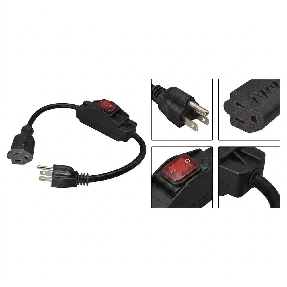 Three-Core Power Extension Cord with Switch for NEMA 5-15P to 5-15R 0.5M Black