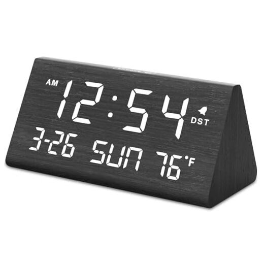 Digital Alarm Clocks for Bedrooms - Wooden Desk Clock with Black - Date & Day