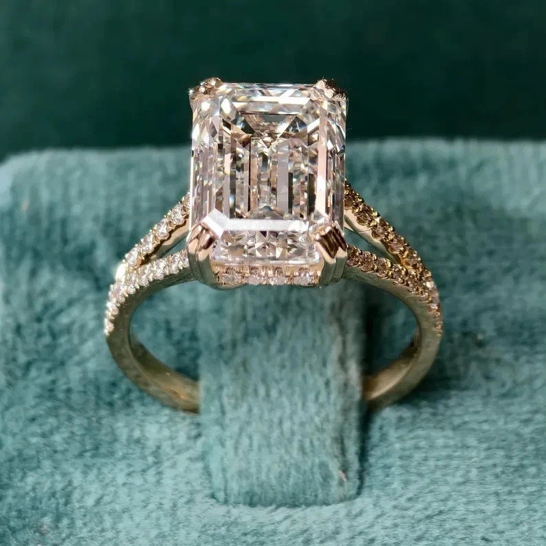 White Moissanite 3.90 Ct Emerald Cut Prong Wedding Ring 14K Yellow Gold Finish