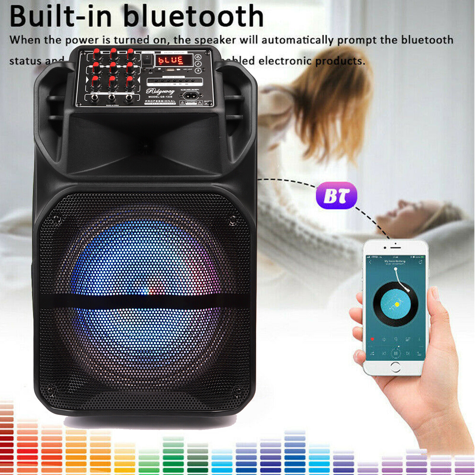 12'' Portable Bluetooth Speaker Heavy Bass Sound Party Speaker FM AUX w/ mic