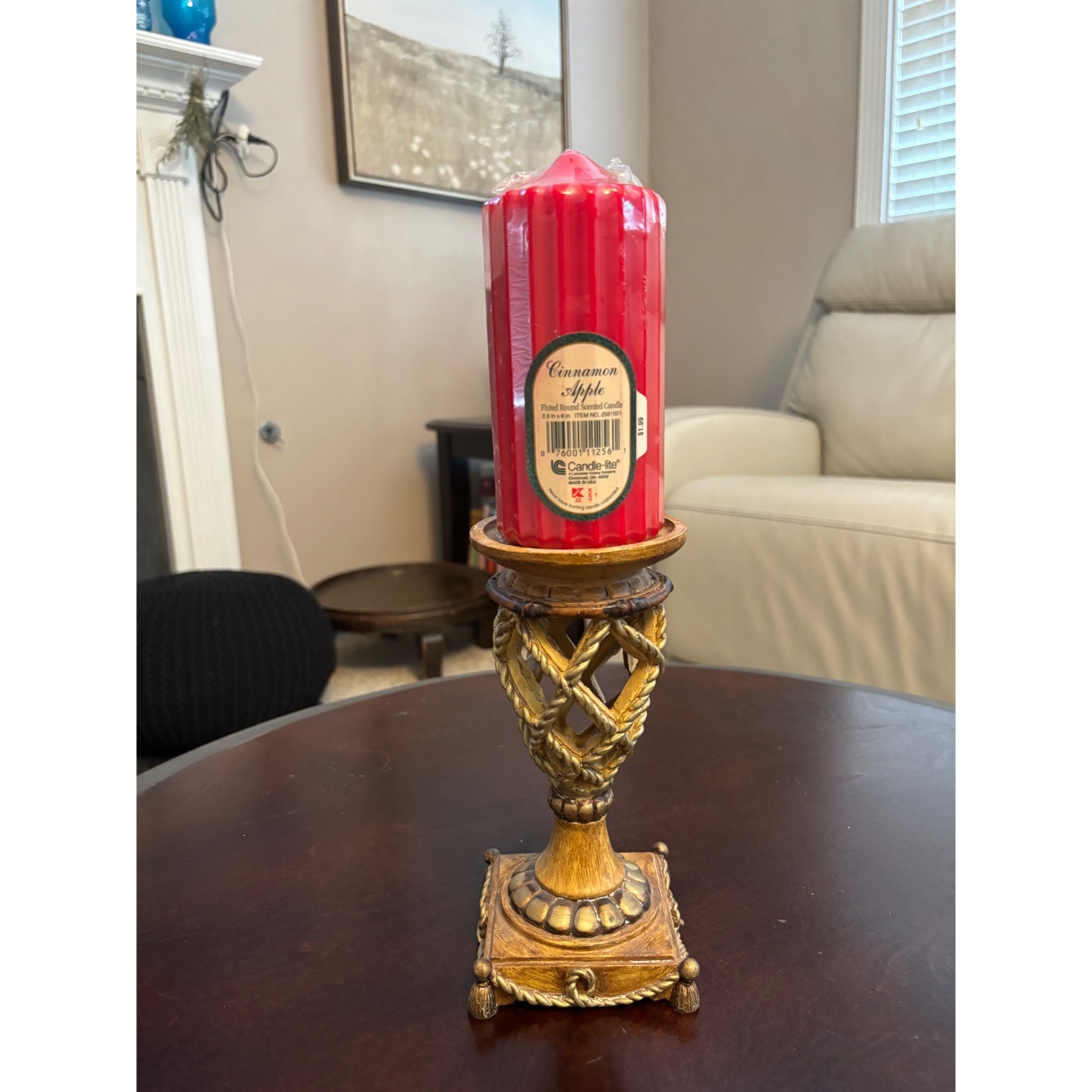 Elegant Tropical Motif Faux Rope & Bamboo Pillar Candle holders w/ Red Pillar Ca