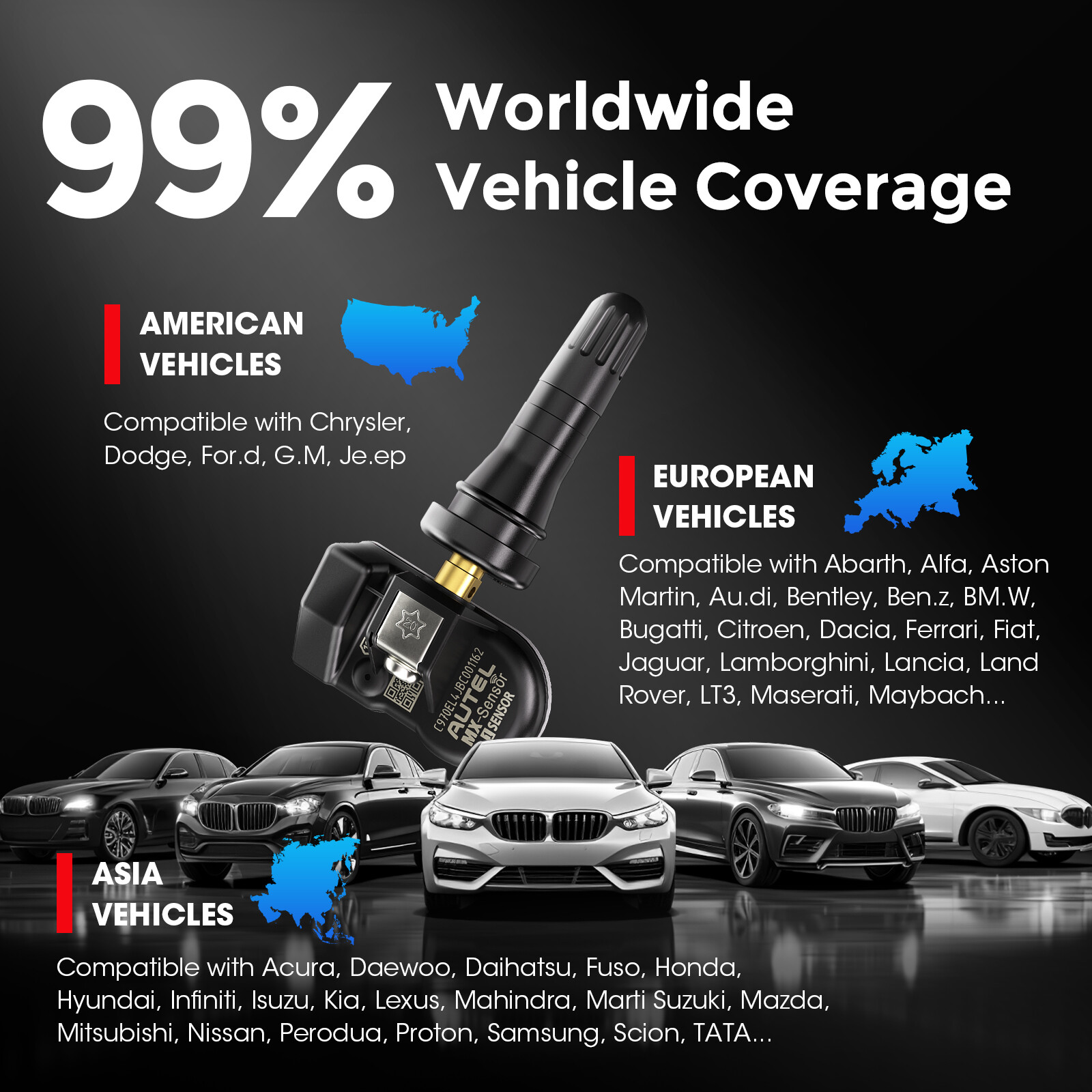Autel TPMS Sensor MX-Sensor 315MHz & 433MHz Programmable Universal Rubber Valve