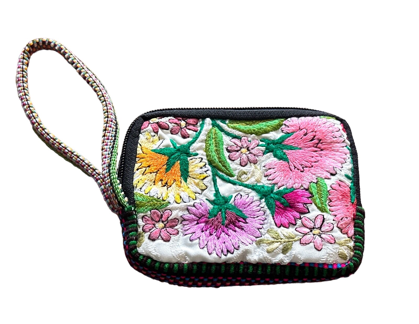 Spirit of Nature  Wristlet Bag- Embroidered Flowers-Woven Design- yellow pink
