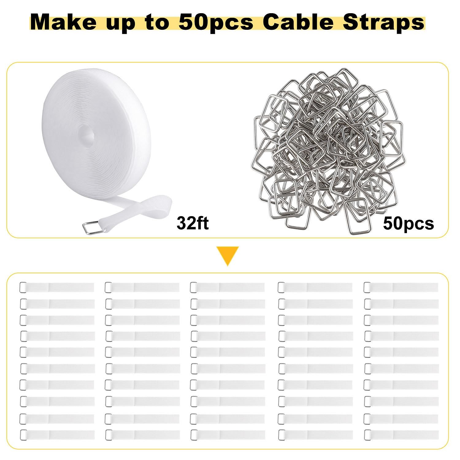 1 in x 32 ft Hook Loop Straps with 50 Metal Buckles Reusable Nylon Adjustable